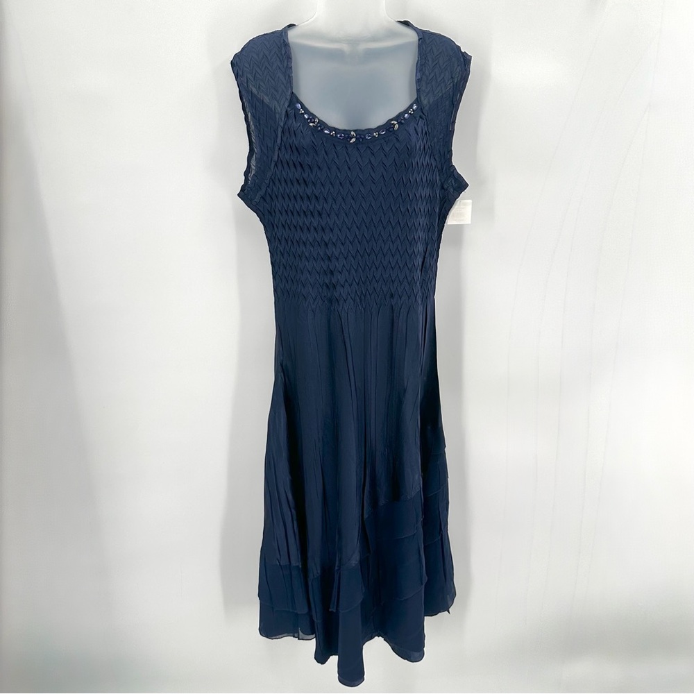 Komarov Dress Womens XL Navy Blue Semiformal Midi Charmeuse Tiers Elegant READ
